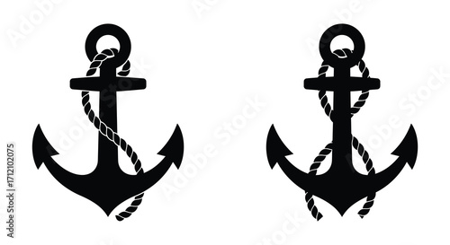 Two black nautical anchors with rope simple vector illustration design