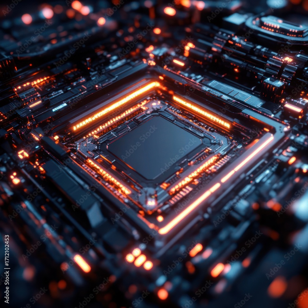 Obraz premium Complex electronic motherboard radiating digital illumination and technological power