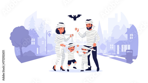 Mummy Family on Halloween Night: A family, wrapped in mummy costumes, gathers on a street on Halloween night, celebrating with a sense of joyful fun. An illustrative composition for spooky season!