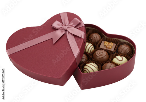 Isolated Valentines Day heart-shaped box of assorted chocolates, pink bow, for love giving
