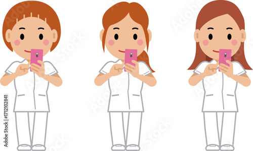 スマホを操作する白制服の女性看護師。その2