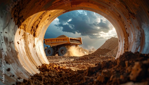Heavy-duty dump truck hauling dirt at a construction site during a dramatic sunset