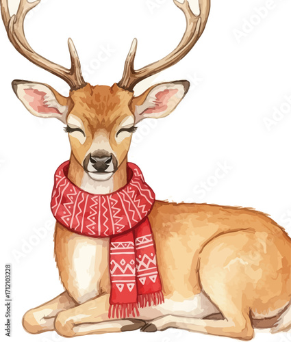 A majestic reindeer wearing a festive red scarf rests peacefully in a winter wonderland scene