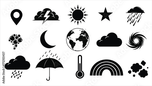 Collection of black weather and nature icons on white background symbol climate