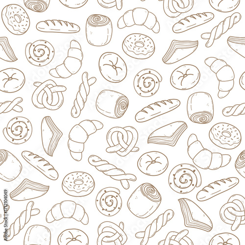 Seamless pattern of hand drawn bakery goods with brown and white color