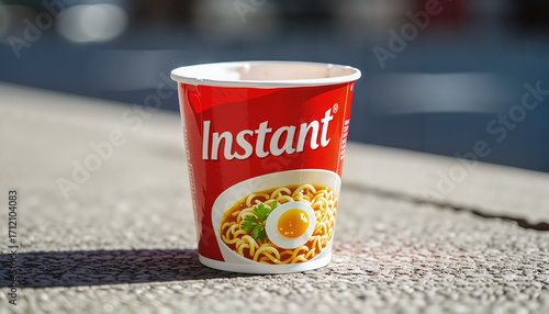 Instant noodle cup on concrete surface with egg and noodles  