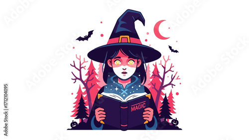 Enchanting Witch Craft: A captivating illustration of a witch engrossed in a spellbook, enveloped by an enigmatic aura under a starlit sky, perfectly capturing the essence of Halloween. 