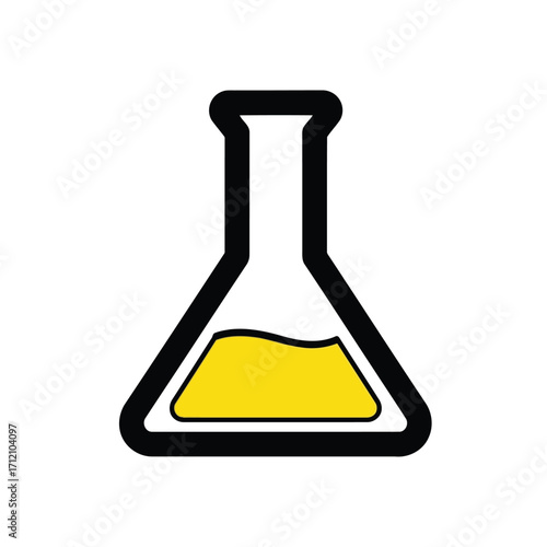 Vector art of a scientific flask with yellow liquid, representing chemistry and research