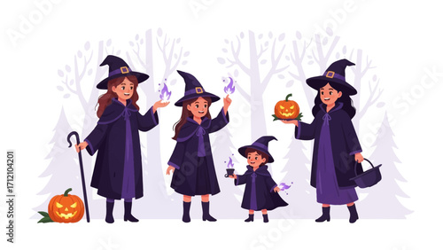 Enchanting Witches and Spooky Scene: Captivating illustration of a bewitching gathering, where each witch holds the essence of autumn and magic.