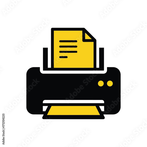 Vector art of a yellow and black icon of a printer with a document inside