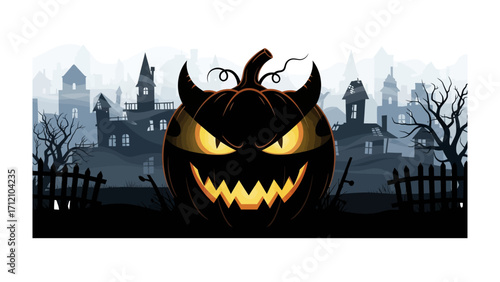 Spooky Pumpkin’s Spooky Night: A terrifying Halloween illustration featuring a devilish pumpkin with menacing eyes, silhouetted against a haunted city backdrop.