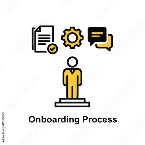 Vector art of an illustration of the onboarding process with icons for documents, gears, and chat bubbles