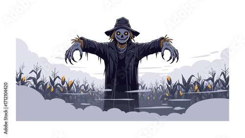 Spooky Scarecrow in Cornfield: This illustrative image showcases a menacing scarecrow standing guard over a cornfield, shrouded in an eerie atmosphere with a focus on the harvest season.