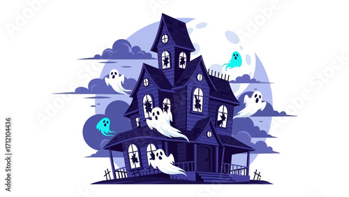 Spooky Haunted House: An illustration depicts a spooky haunted house, exuding an eerie atmosphere with ghosts, moon, clouds and night setting