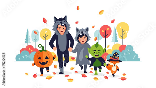 Halloween revelry: Children and a pumpkin delight in costumes, running and reveling joyously in a park setting, adorned with autumn leaves, the perfect embodiment of autumnal fun.