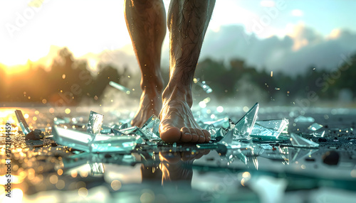 Barefoot Feet Walking on Sharp Glass