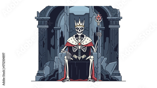 King Skeleton: A skeletal king sits regally on a stone throne, wearing a crown and holding a scepter, a macabre yet majestic illustration, representing the themes of power, mortality.