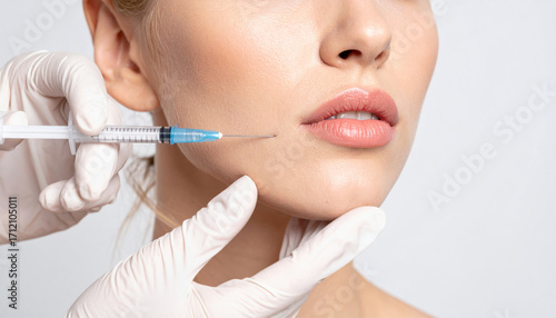 Close up cosmetic injection on calm woman face for skin treatment and rejuvenation