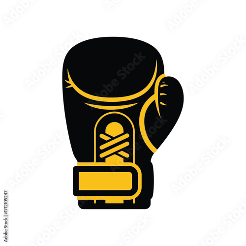Vector art of a black boxing glove with yellow accents is ready for a fight, isolated on white