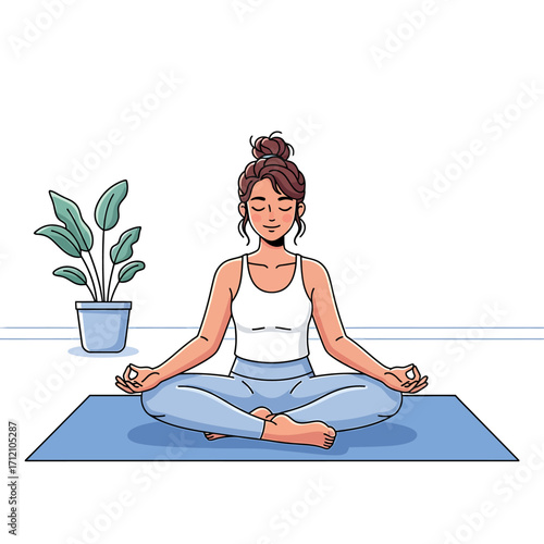 Woman meditating in lotus position on a yoga mat with a plant nearby, eyes closed.