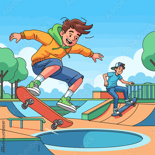 Two boys skateboarding at a skate park, one jumping with a skateboard, the other riding on a ramp.