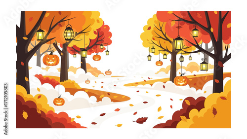Autumn Wonderland: A vibrant illustration captures the essence of autumn with a scenic view showcasing trees with fiery foliage adorned with lanterns and pumpkins, inviting a sense of warmth.