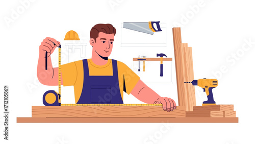 Crafting with Precision: A skilled carpenter measures wood with a measuring tape, surrounded by tools of the trade, embodying expertise and craftsmanship.