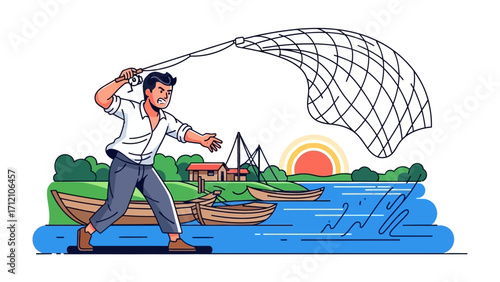 Man casting a net: A determined man casts a fishing net in a vibrant lake, accompanied by boats, sun, and serene natural elements.