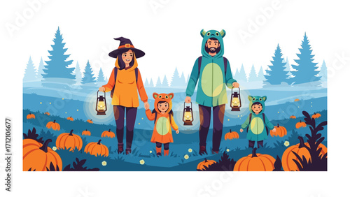 Spooky family stroll on Halloween: A family, clad in adorable costumes, shares a magical Halloween adventure.