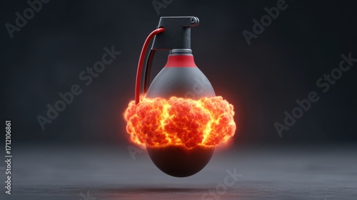 Realistic explosive grenade with vibrant flames and smoke in a dark studio background, showcasing dynamic motion and energy