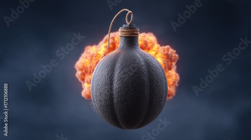 Realistic explosive bomb with dynamic smoke and fire explosion in a dramatic dark background
