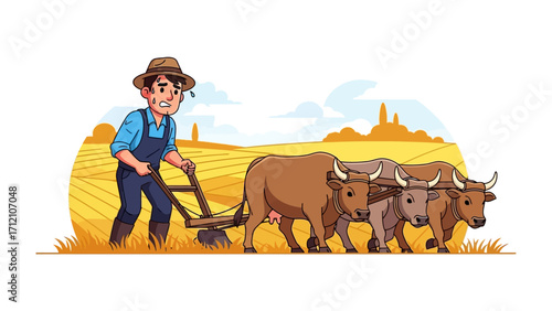 Agricultural Legacy: A dedicated farmer, partnered with powerful oxen, diligently plows through the fertile fields, evoking a sense of rural labor and agricultural practices.