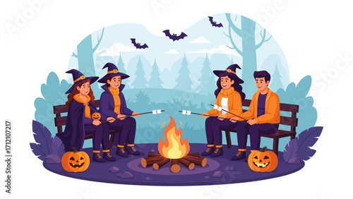 Halloween Night Gathering: Friends gather around a crackling bonfire, roasting marshmallows under the eerie glow of the moon and the fluttering presence of bats, captured in a digitally crafted.