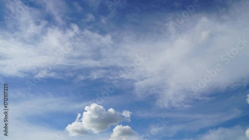 clouds and blue sunny sky,  white clouds over blue sky, Aerial view,  nature, blue sky, white clear weather. Time-lapse video 4 K.
