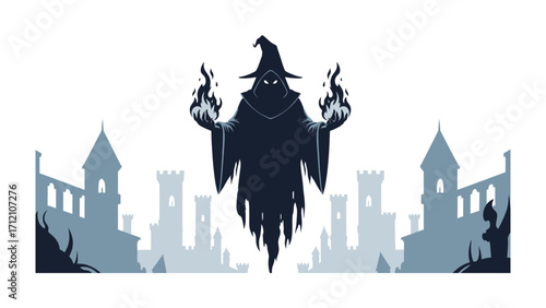 Enigmatic Spellcaster Over City: A silhouette of a spellcaster, emanating dark magic, floats above a spectral city, shrouded in mystery.