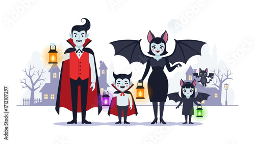 Vampire Family Halloween Celebration: A charming illustration of a vampire family joyfully celebrating Halloween, set against a spooky background with eerie lighting and a hint of mischief.