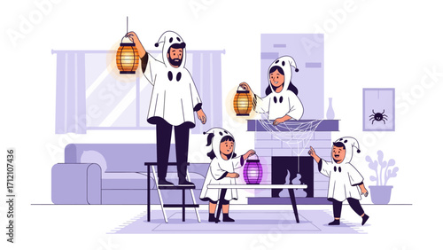 Family's Halloween Celebration: Family gathers, wearing ghost costumes with lanterns and creating a cheerful scene of togetherness indoors.