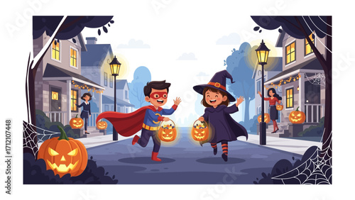 Halloween Night of Joy: A lively illustration captures the spirit of Halloween, showcasing children in costumes, illuminated jack-o'-lanterns, and decorated houses.