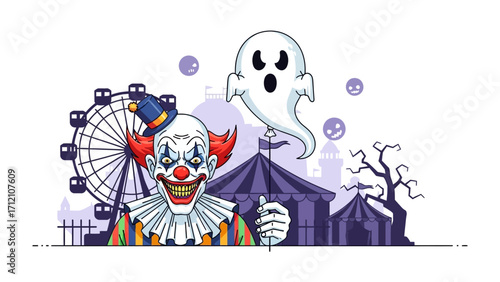 Spooky Carnival Illustration: A whimsical illustration depicts a sinister clown and friendly ghost set against a carnival scene, perfect for Halloween. 
