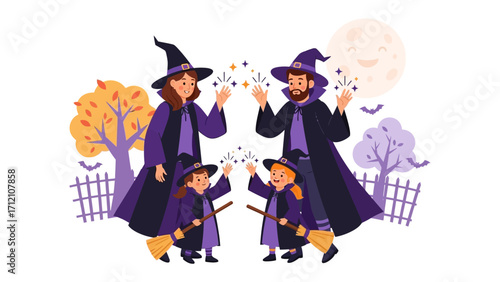 Halloween Witch Family: A delightful illustration of a witch family, complete with pointy hats, holding wands, ready for Halloween celebrations under a vibrant full moon. 