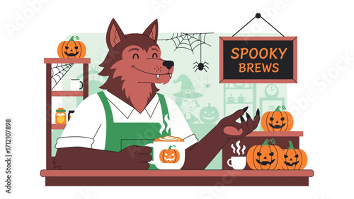 Werewolf Barista Brewing Halloween Cheer: In a whimsical Halloween scene, a friendly werewolf barista, apron-clad, brews up seasonal joy with a steaming mug.