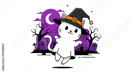 Whimsical Halloween Cat: A cute cat, adorned in a witch's hat, playfully floats mid-air against a backdrop of a spooky graveyard and a moon, offering a blend of fun and fright. 