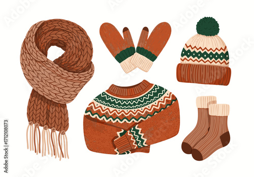 Cozy Winter Fashion Essentials A Hand-Drawn Collection of Knitted Scarves, Sweaters, and Mittens for Cold Weather Style