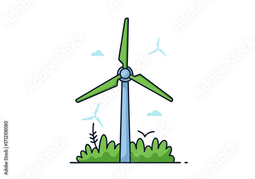 Illustration of a wind turbine, a sustainable energy source, in a natural landscape setting