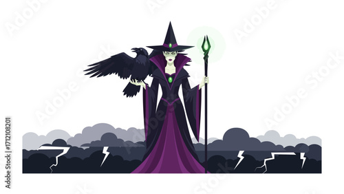 Mystical Witch with Crow: A captivating digital artwork unveils a powerful witch, adorned in a majestic gown, accompanied by a dark crow.