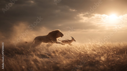 Lion chasing gazelle in african savanna wildlife photography nature predator prey animal chase sunset scene