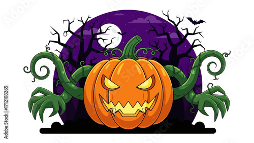 Spooky pumpkin: A captivating cartoon illustration depicts an eerie jack-o'-lantern with a menacing grin set against a moonlit Halloween night. A thrilling depiction of the spooky holiday.