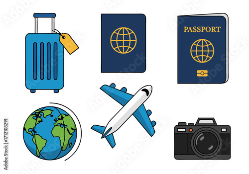 Collection of travel icons including passport, airplane, camera, globe, and suitcase for tourism and vacation