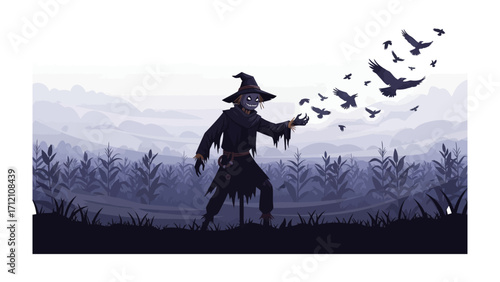 Scarecrow's Silent Vigil: A lone scarecrow stands in a tranquil twilight field as a flock of crows takes flight, creating a mysterious and eerie atmosphere. 