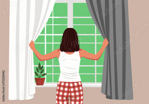 Woman opening curtains, enjoying morning sunlight and fresh air, illustration of a serene lifestyle